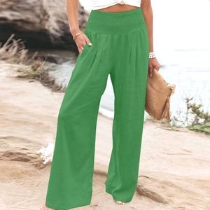 Kelly Green Smocked Elastic Waist High-Rise Wide Leg Cotton Pants